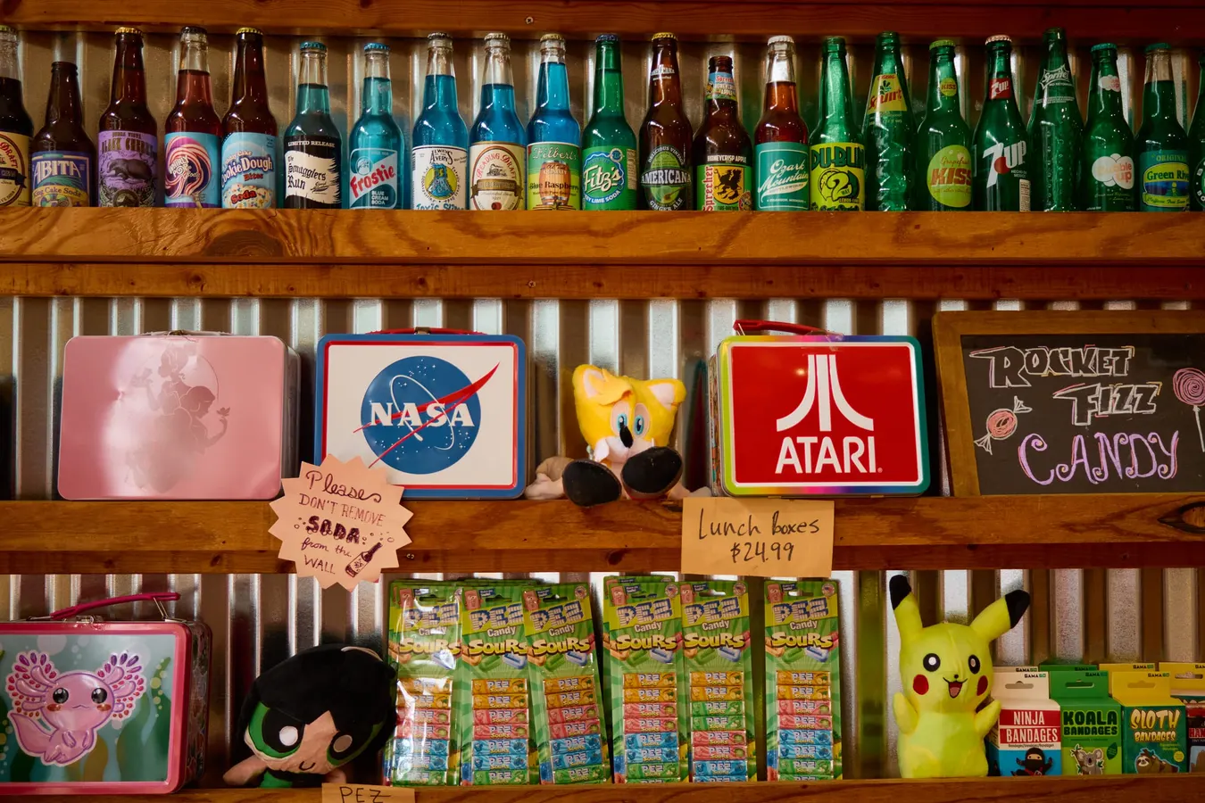 Retro soda bottles on a candy store shelf